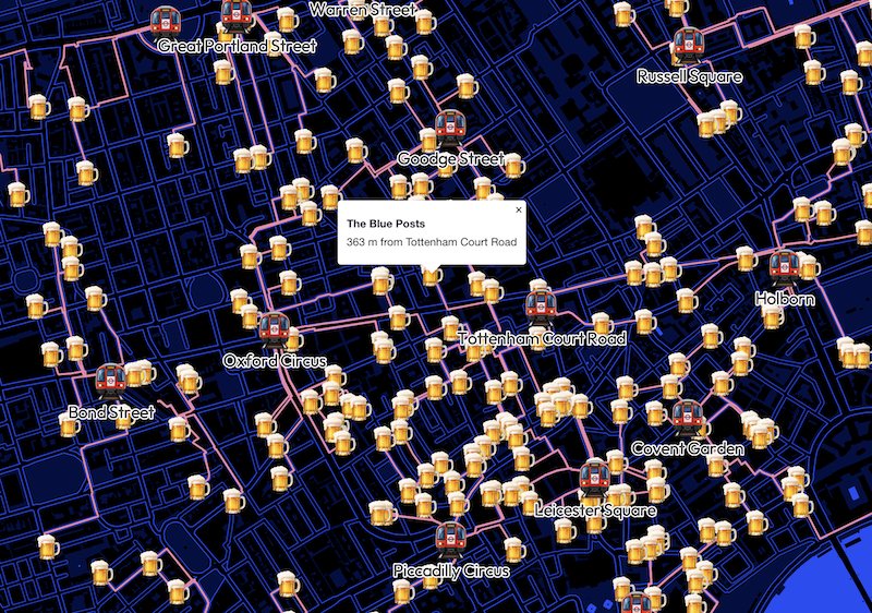 Matt's pub walking routes map showing Blue Posts